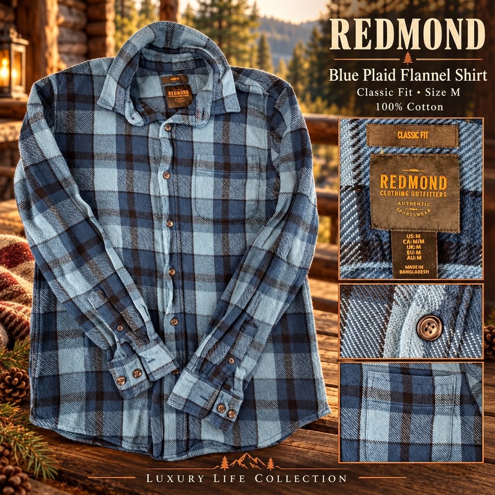 Redmond Clothing Outfitters Mens Blue Black Plaid Flannel Shirt Classic Fit M